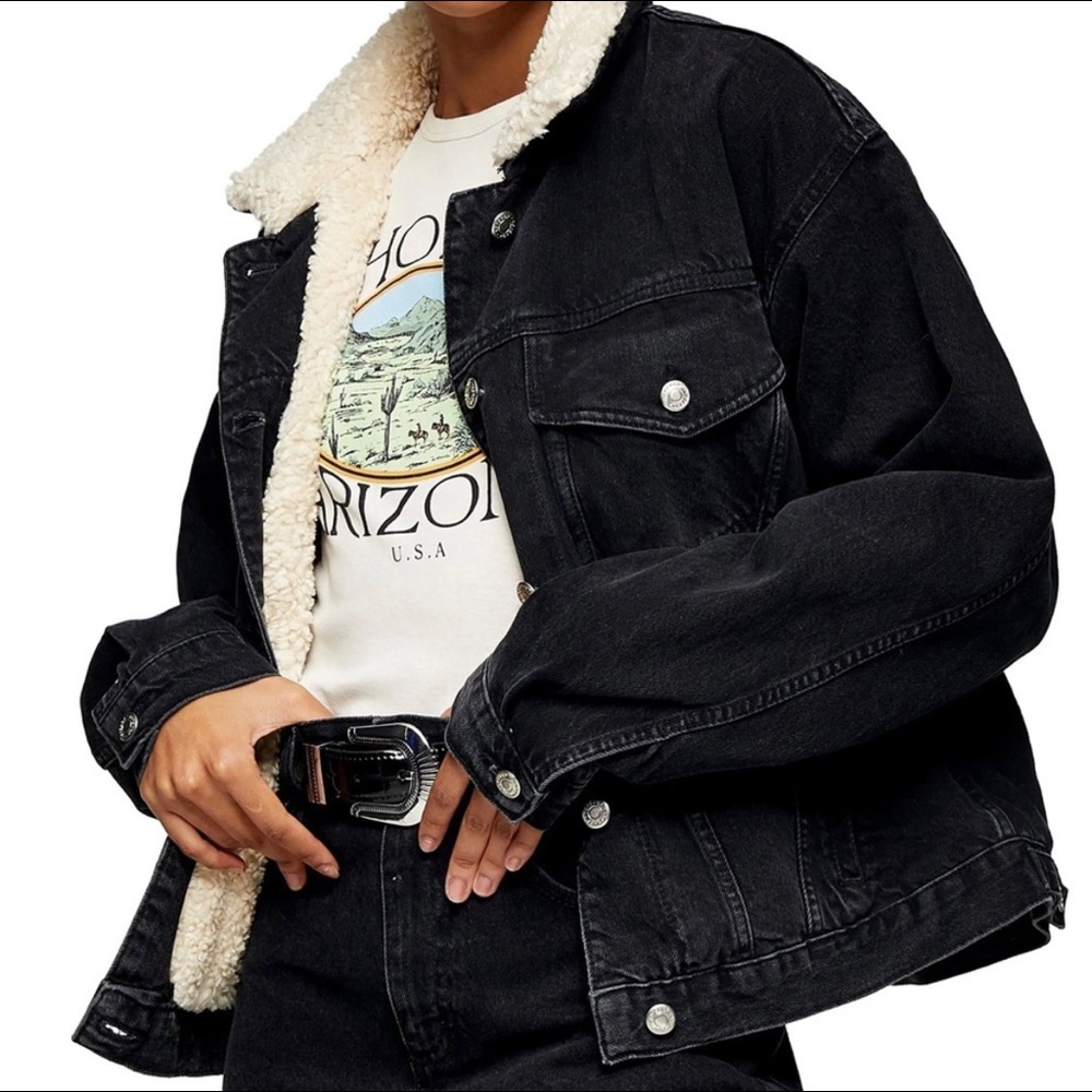 Topshop oversized borg denim jacket Sherpa Shearling